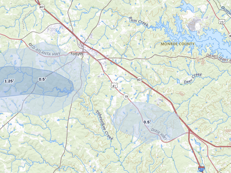 NEXRAD radar-signature map of the hail storm over Forsyth, GA on Jul 12, 2026