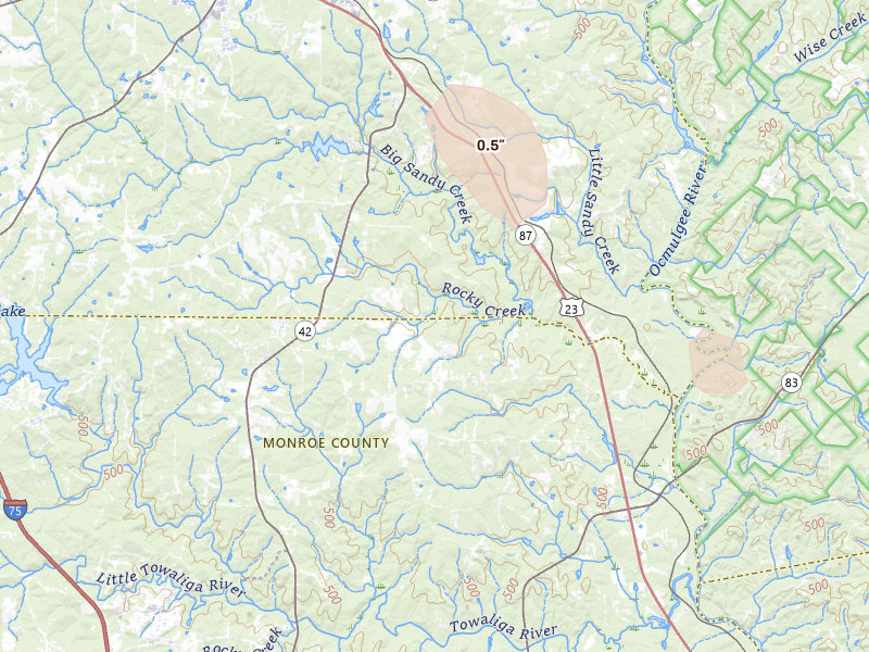 Radar-estimated hail-size map of the storm over Forsyth, GA on Jul 16, 2026
