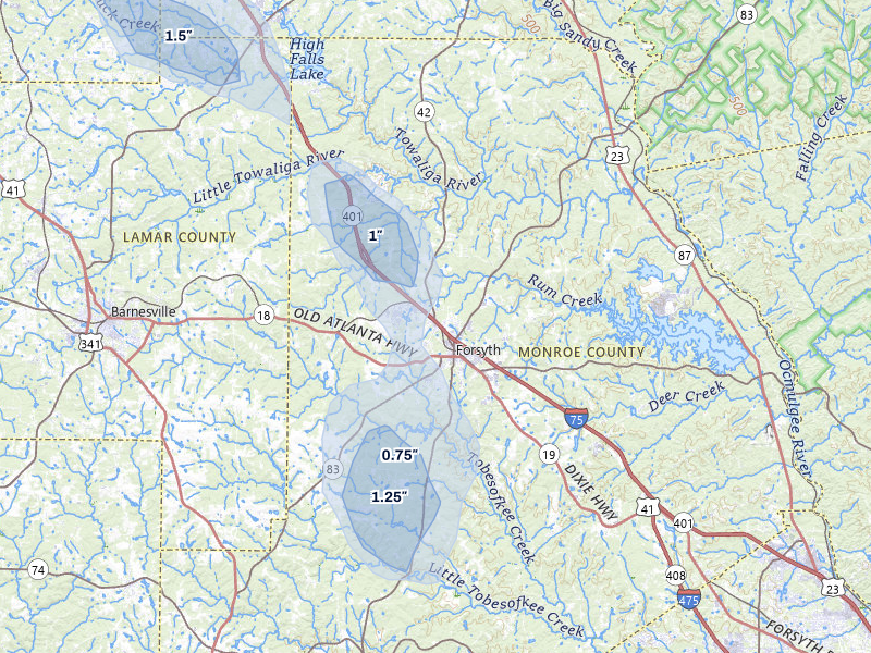 NEXRAD radar-signature map of the hail storm over Forsyth, GA on Aug 13, 2026
