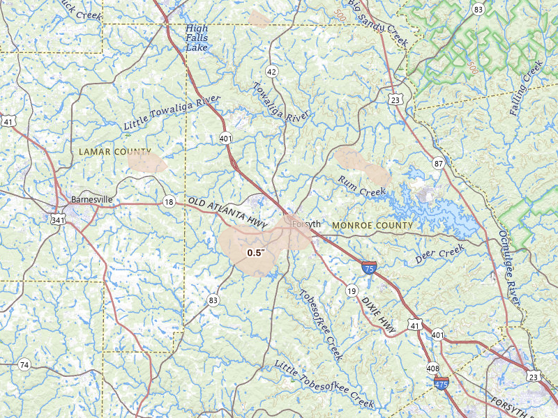 Radar-estimated hail-size map of the storm over Forsyth, GA on Aug 21, 2026