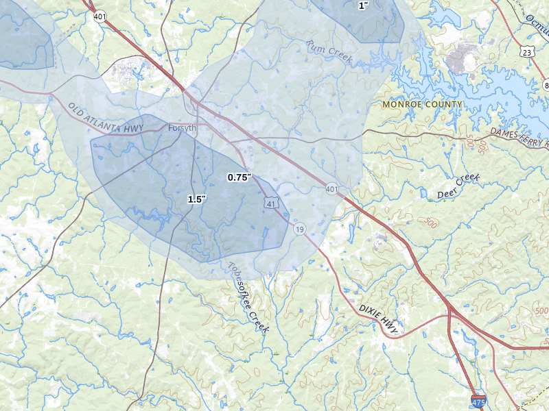 NEXRAD radar-signature map of the hail storm over Forsyth, GA on Aug 21, 2026