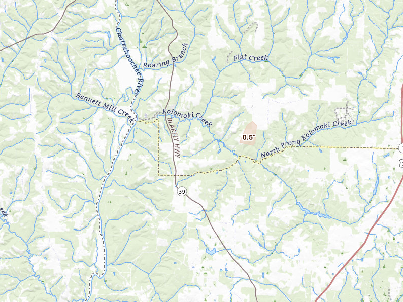 Radar-estimated hail-size map of the storm over Fort Gaines, GA on Aug 19, 2026