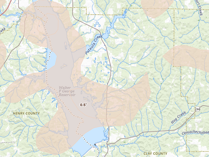 Radar-estimated hail-size map of the storm over Fort Gaines, GA on Aug 21, 2026
