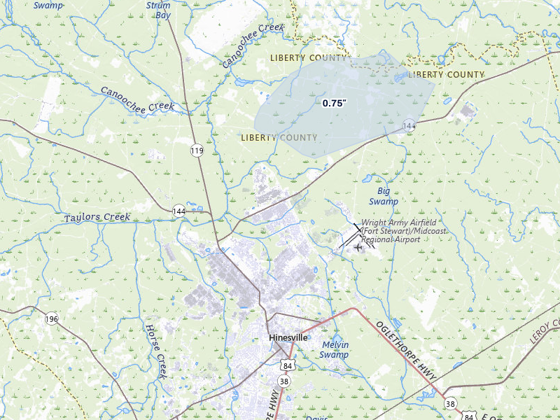 NEXRAD radar-signature map of the hail storm over Fort Stewart, GA on Jul 5, 2026