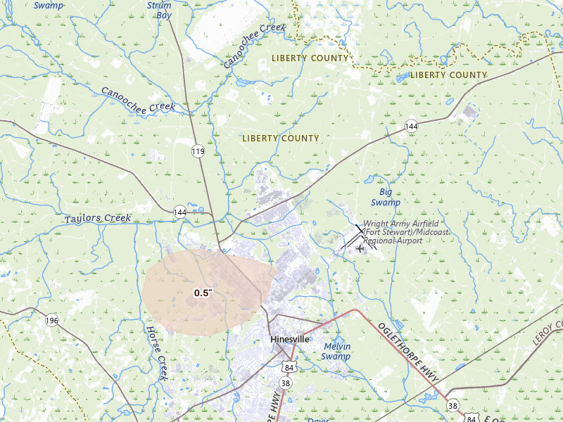Radar-estimated hail-size map of the storm over Fort Stewart, GA on Jul 7, 2026