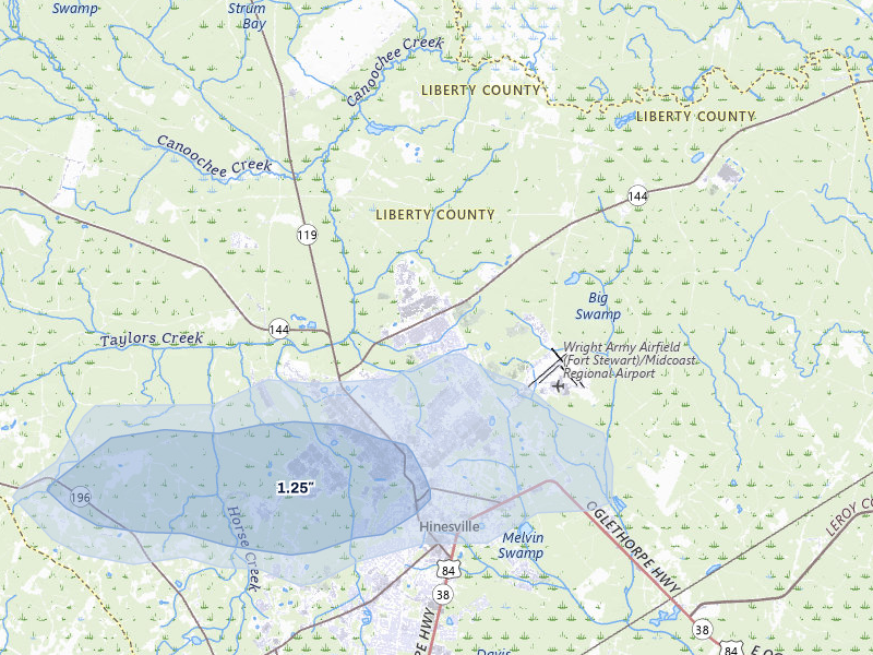 NEXRAD radar-signature map of the hail storm over Fort Stewart, GA on Jul 7, 2026