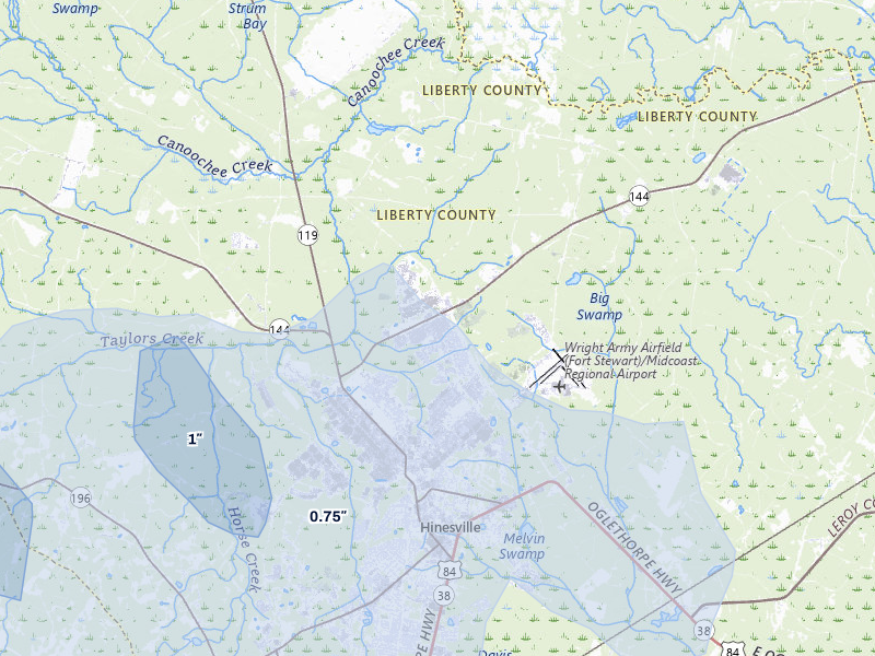 NEXRAD radar-signature map of the hail storm over Fort Stewart, GA on Jul 12, 2026