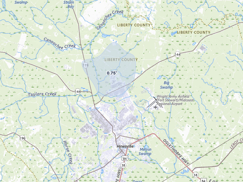 NEXRAD radar-signature map of the hail storm over Fort Stewart, GA on Jul 24, 2026