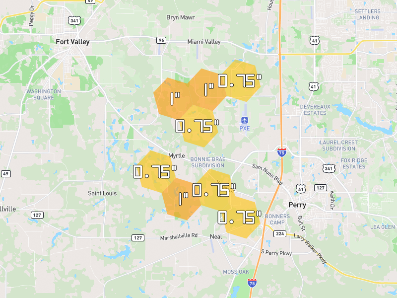 Hail map of Fort Valley, GA on Jul 9, 2026, hail up to 1"