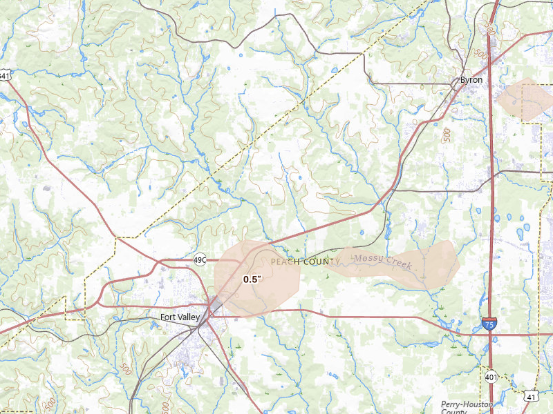 Radar-estimated hail-size map of the storm over Fort Valley, GA on Aug 11, 2026