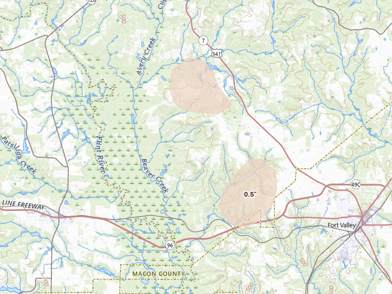 Radar-estimated hail-size map of the storm over Fort Valley, GA on Aug 14, 2026