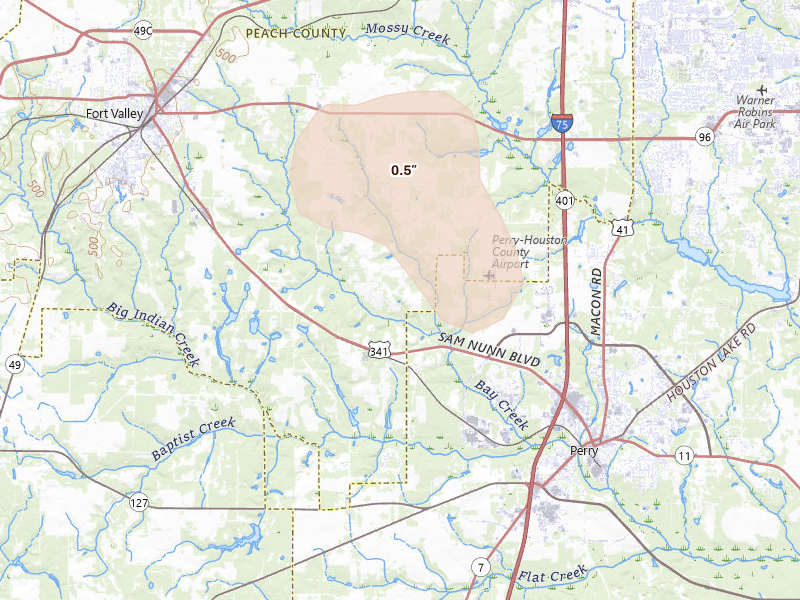 Radar-estimated hail-size map of the storm over Fort Valley, GA on Aug 27, 2026
