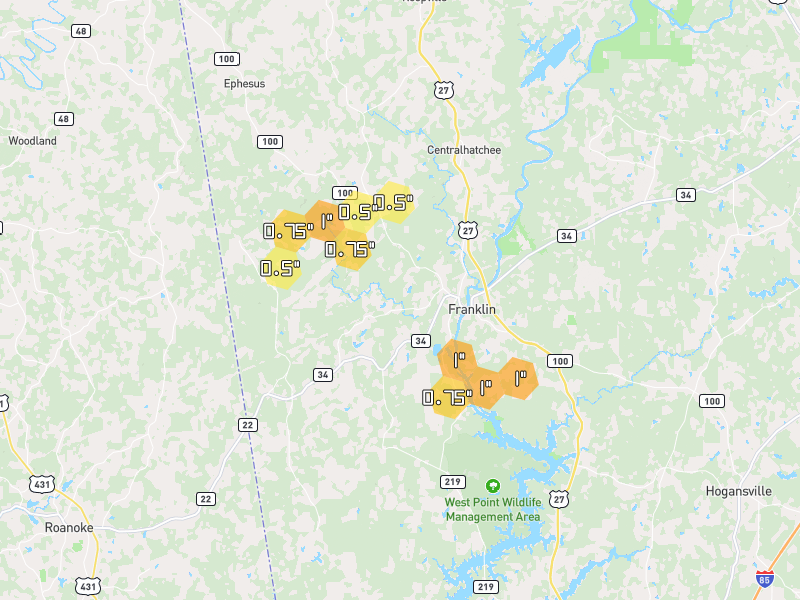 Hail map of Franklin, GA on Jul 1, 2026, hail up to 1"