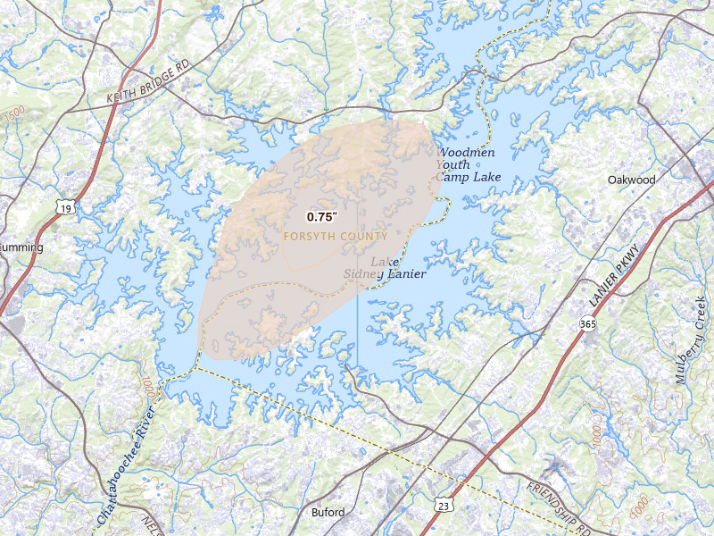 Radar-estimated hail-size map of the storm over Gainesville, GA on Mar 6, 2026