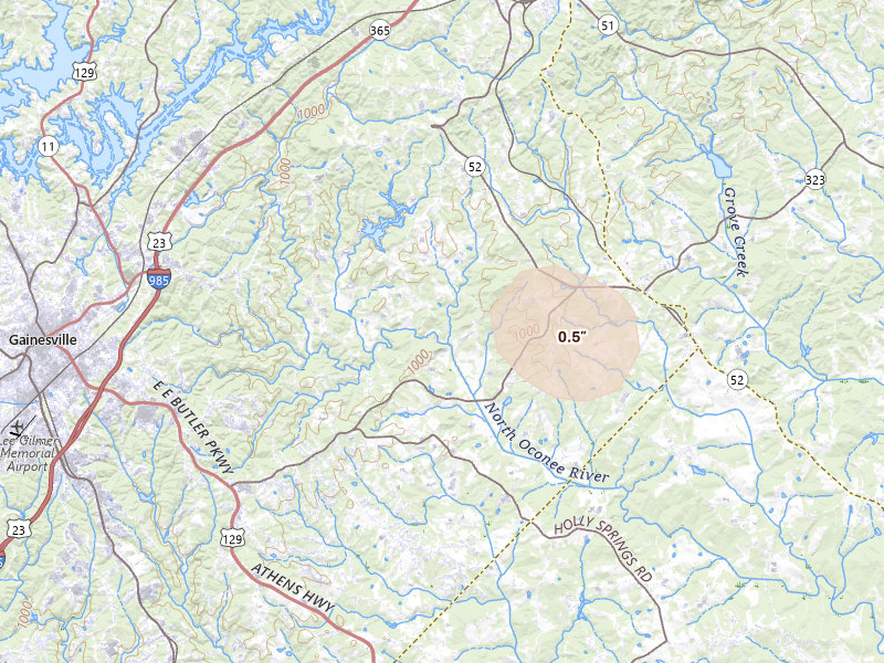 Radar-estimated hail-size map of the storm over Gainesville, GA on Jul 16, 2026