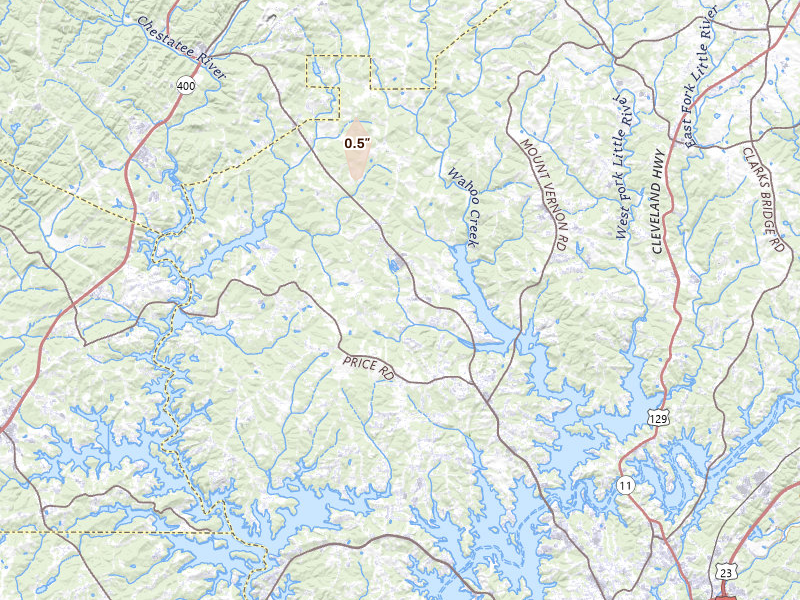 Radar-estimated hail-size map of the storm over Gainesville, GA on Aug 5, 2026