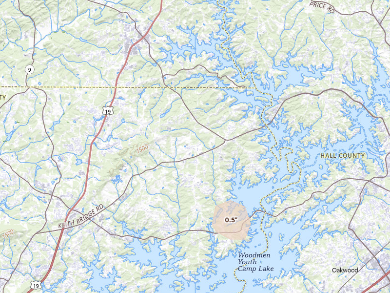 Radar-estimated hail-size map of the storm over Gainesville, GA on Aug 8, 2026