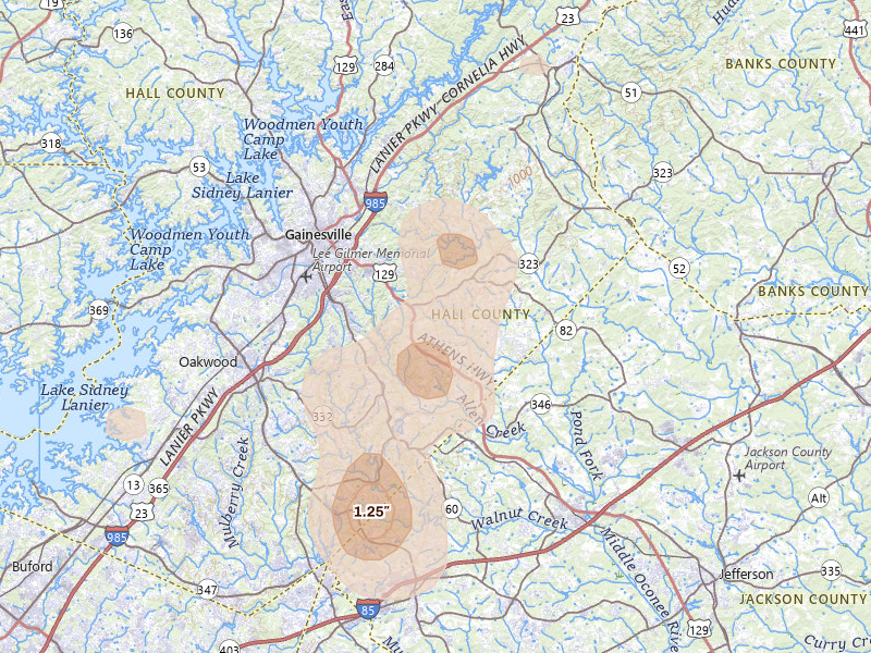 Radar-estimated hail-size map of the storm over Gainesville, GA
