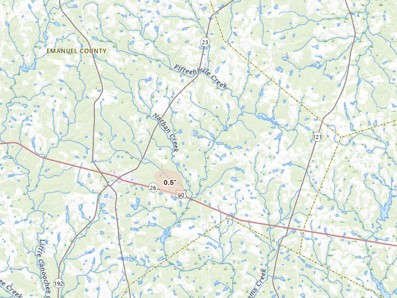 Radar-estimated hail-size map of the storm over Garfield, GA on Jun 25, 2026