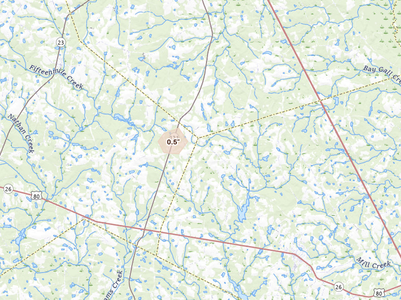 Radar-estimated hail-size map of the storm over Garfield, GA on Aug 6, 2026