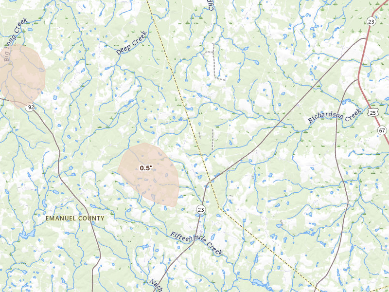 Radar-estimated hail-size map of the storm over Garfield, GA on Aug 21, 2026