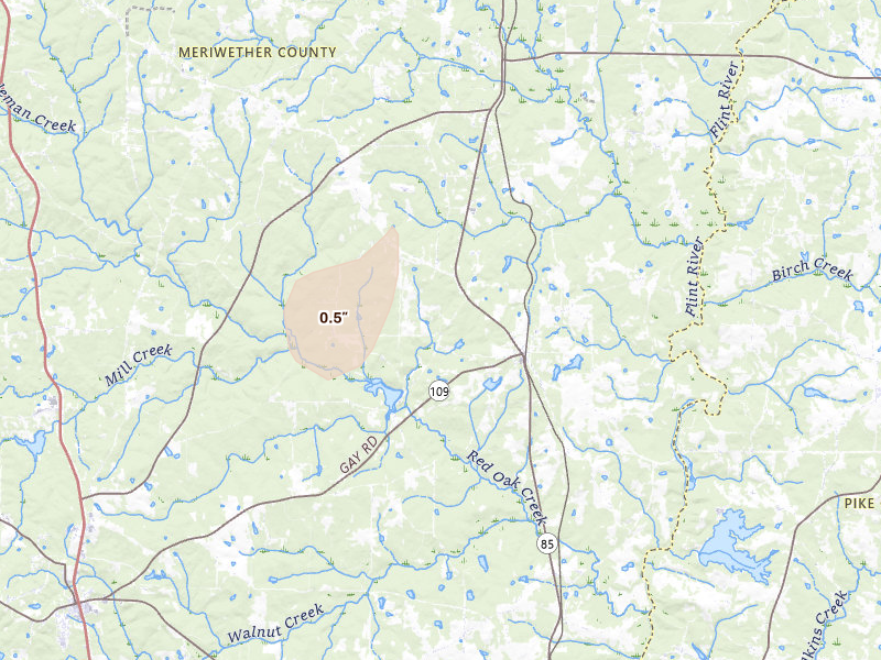 Radar-estimated hail-size map of the storm over Gay, GA on Mar 7, 2026