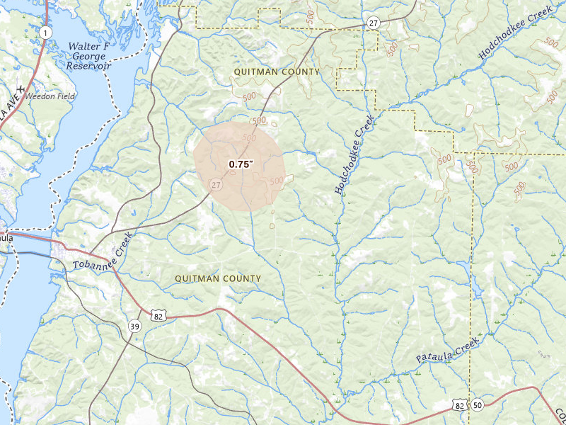 Radar-estimated hail-size map of the storm over Georgetown, GA on Aug 20, 2026