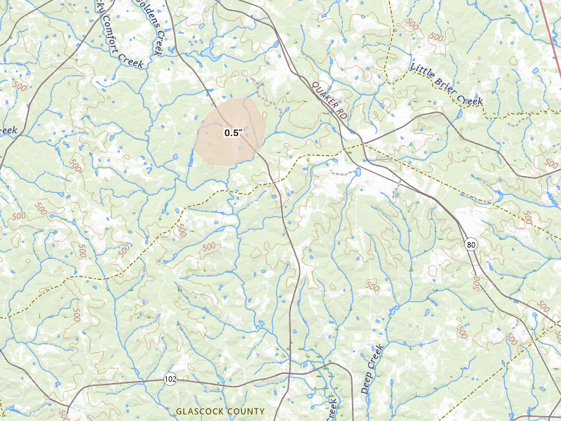 Radar-estimated hail-size map of the storm over Gibson, GA on Aug 4, 2026