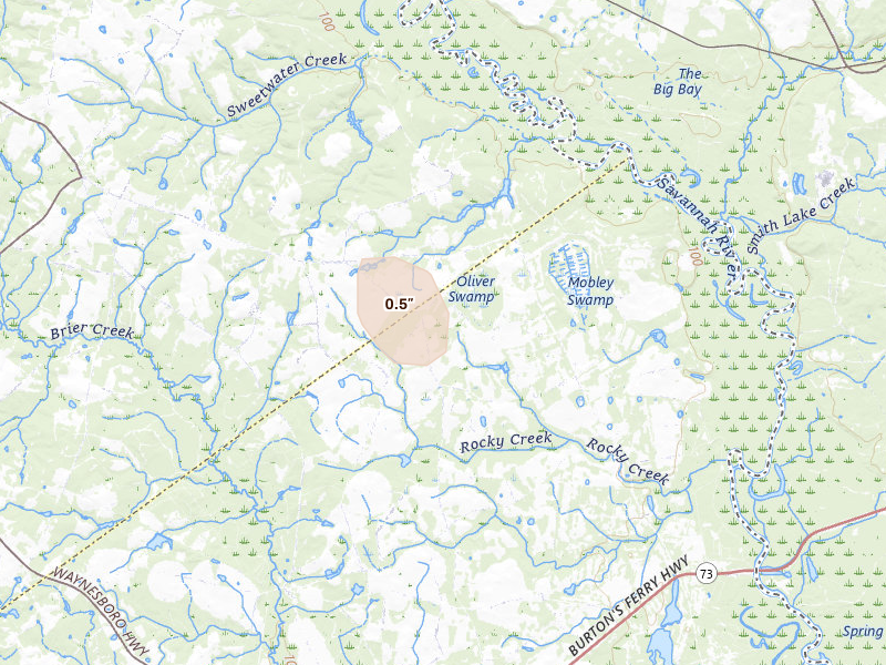 Radar-estimated hail-size map of the storm over Girard, GA on Aug 6, 2026