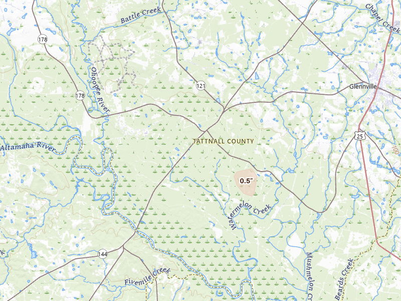 Radar-estimated hail-size map of the storm over Glennville, GA on May 17, 2026