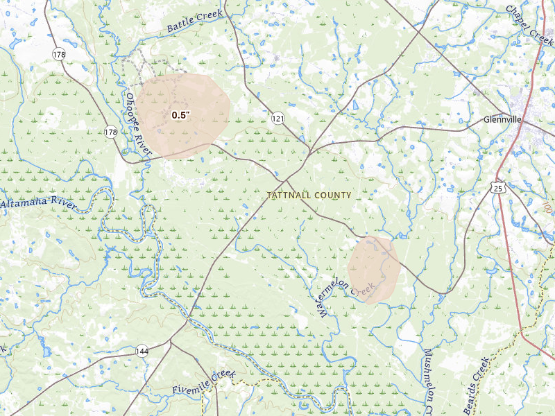Radar-estimated hail-size map of the storm over Glennville, GA on Jun 29, 2026