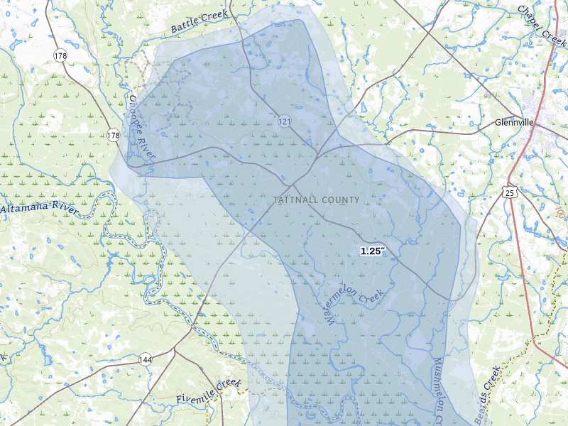 NEXRAD radar-signature map of the hail storm over Glennville, GA on Jun 29, 2026
