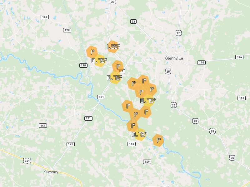 Hail map of Glennville, GA on Jun 29, 2026, hail up to 1.25"