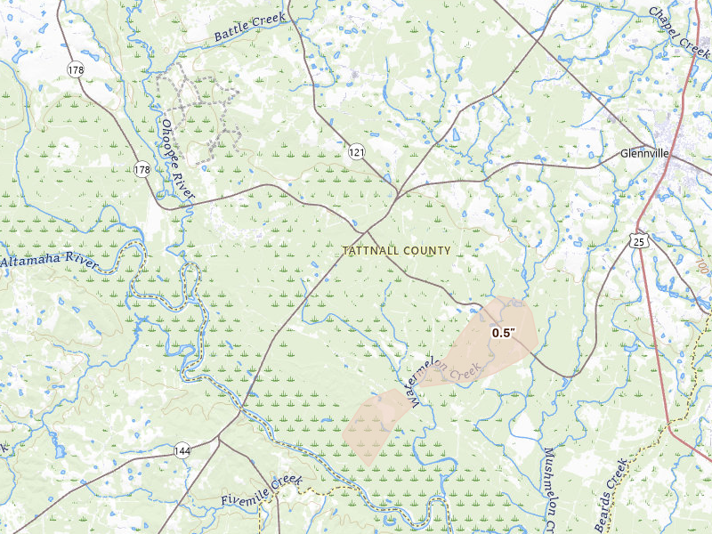 Radar-estimated hail-size map of the storm over Glennville, GA on Jul 27, 2026