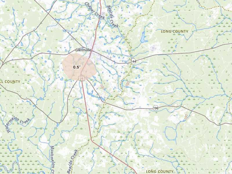 Radar-estimated hail-size map of the storm over Glennville, GA on Aug 6, 2026