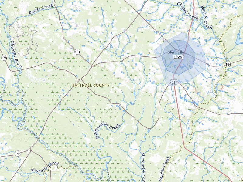 NEXRAD radar-signature map of the hail storm over Glennville, GA on Aug 6, 2026