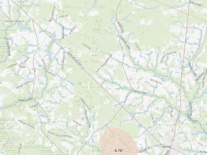 Radar-estimated hail-size map of the storm over Glennville, GA on Aug 13, 2026
