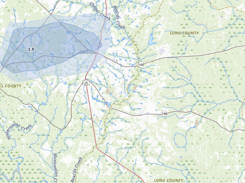 NEXRAD radar-signature map of the hail storm over Glennville, GA on Aug 13, 2026