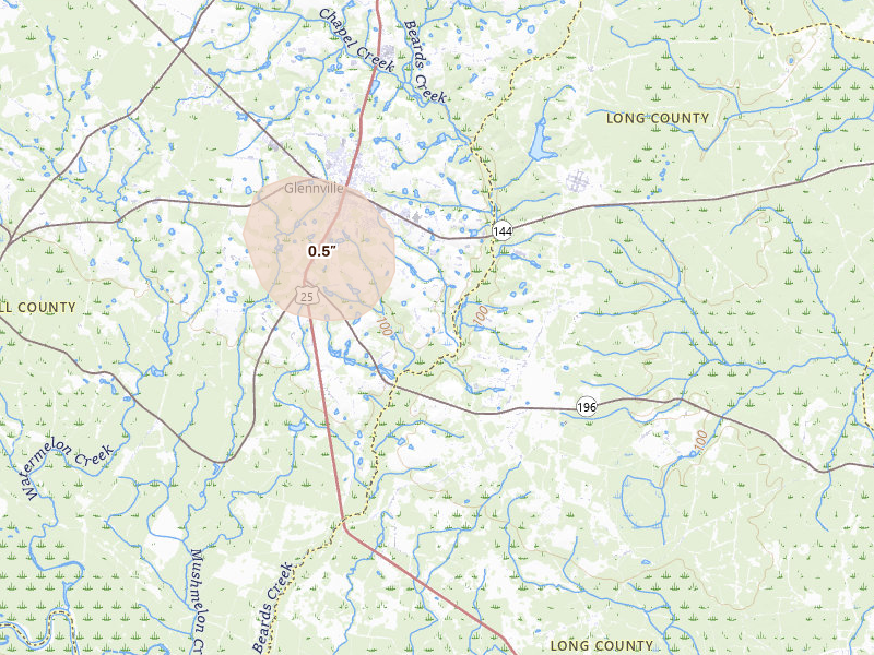 Radar-estimated hail-size map of the storm over Glennville, GA on Aug 16, 2026