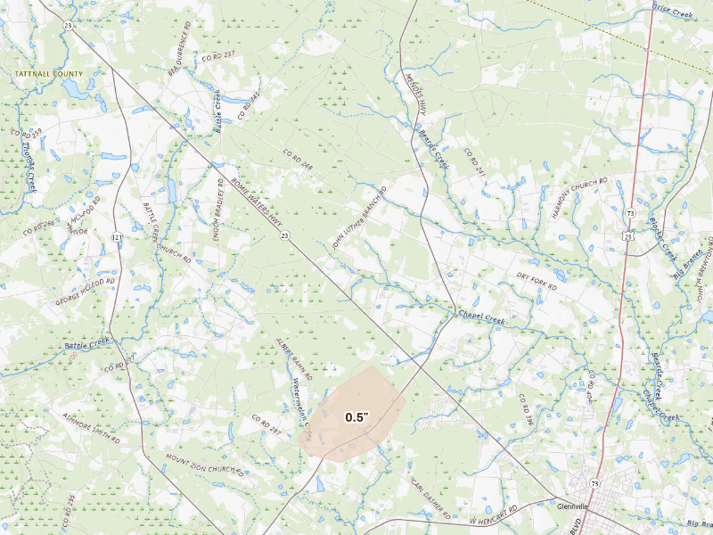 Radar-estimated hail-size map of the storm over Glennville, GA