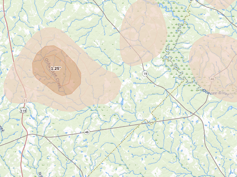 Radar-estimated hail-size map of the storm over Glenwood, GA on May 17, 2026