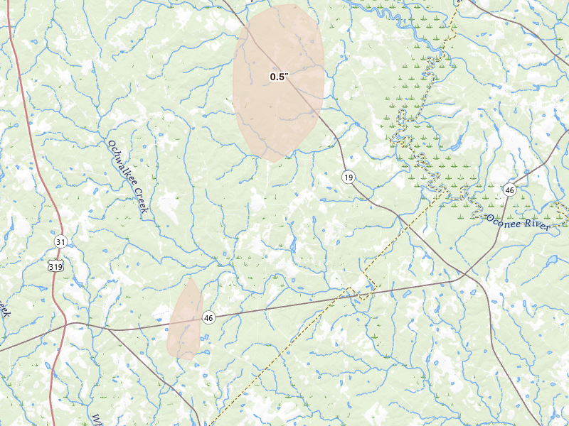 Radar-estimated hail-size map of the storm over Glenwood, GA
