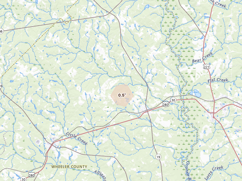 Radar-estimated hail-size map of the storm over Glenwood, GA on Aug 16, 2026