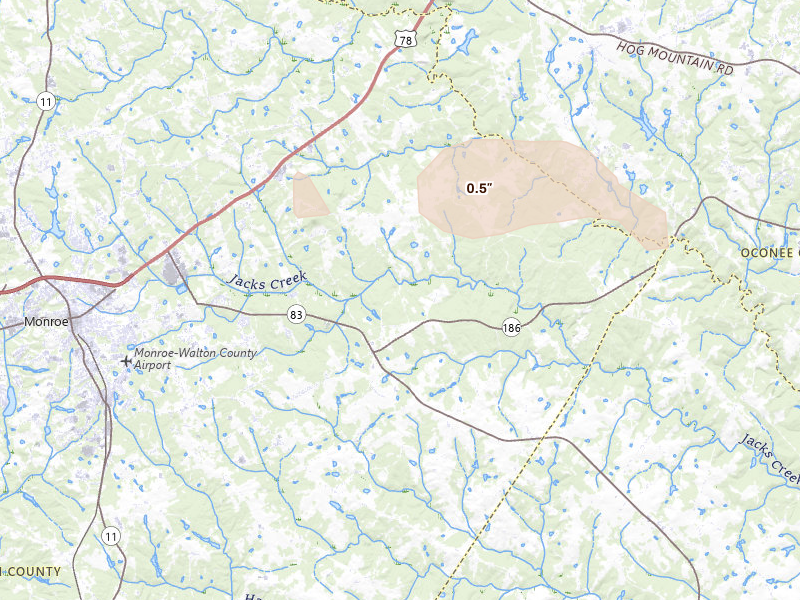 Radar-estimated hail-size map of the storm over Good Hope, GA on Jul 10, 2026