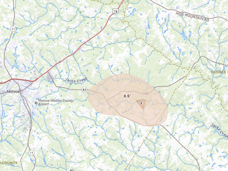 Radar-estimated hail-size map of the storm over Good Hope, GA on Aug 4, 2026