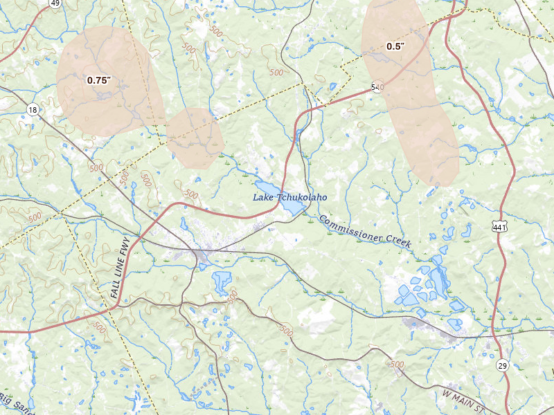 Radar-estimated hail-size map of the storm over Gordon, GA on May 17, 2026