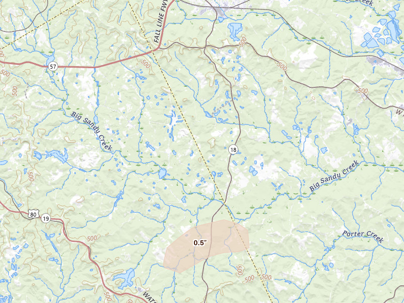 Radar-estimated hail-size map of the storm over Gordon, GA on Jul 5, 2026