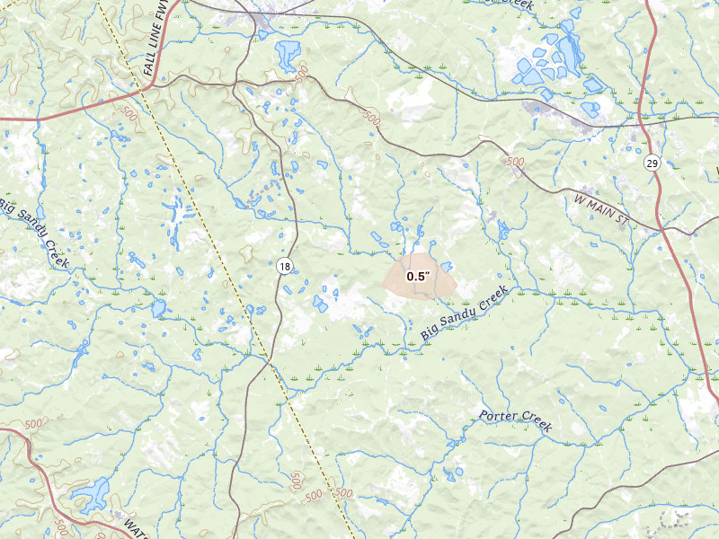 Radar-estimated hail-size map of the storm over Gordon, GA on Aug 11, 2026