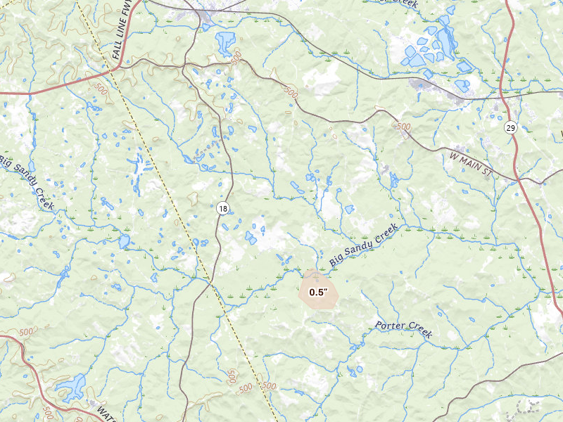 Radar-estimated hail-size map of the storm over Gordon, GA on Aug 12, 2026