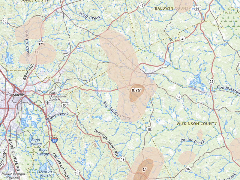 Radar-estimated hail-size map of the storm over Gordon, GA on Aug 21, 2026
